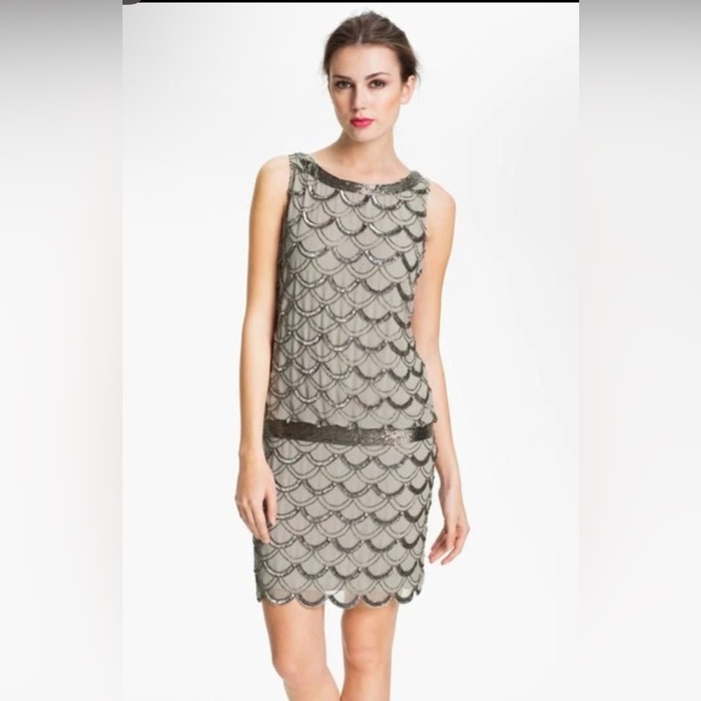 Adrianna Papell Art Deco Beaded Cocktail Dress Taupe Silver Mesh SZ 8 NWT Party